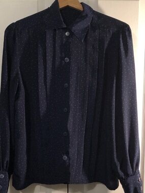 Handmade Dark Blue Button Down Shirt with Teal Dots